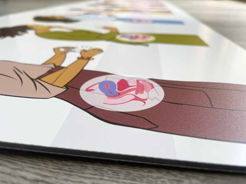Vue latérale du tableau rigide de la grossesse – permet d’apprécier l’épaisseur du support et le rendu mat de l’impression.